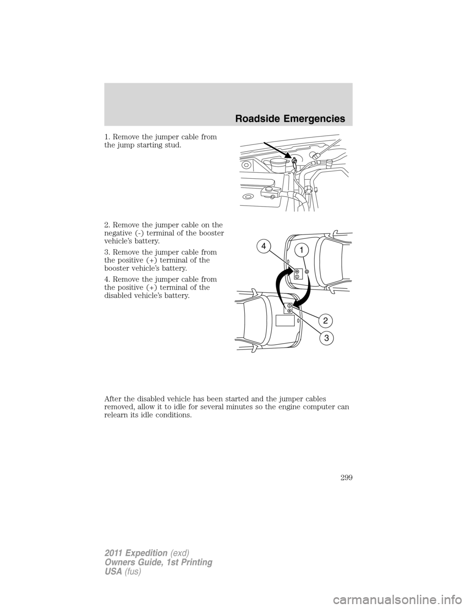 FORD EXPEDITION 2011 3.G Owners Manual 1. Remove the jumper cable from
the jump starting stud.
2. Remove the jumper cable on the
negative (-) terminal of the booster
vehicle’s battery.
3. Remove the jumper cable from
the positive (+) ter