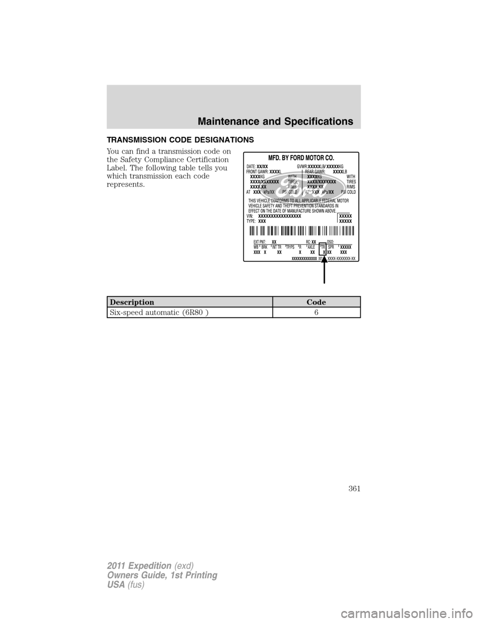 FORD EXPEDITION 2011 3.G Owners Manual TRANSMISSION CODE DESIGNATIONS
You can find a transmission code on
the Safety Compliance Certification
Label. The following table tells you
which transmission each code
represents.
Description Code
Si