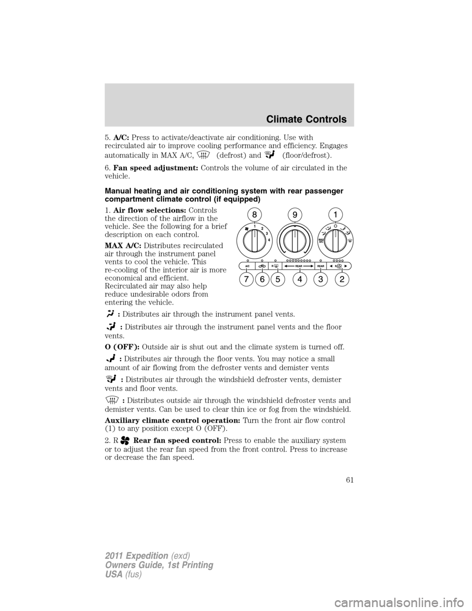 FORD EXPEDITION 2011 3.G Owners Manual 5.A/C:Press to activate/deactivate air conditioning. Use with
recirculated air to improve cooling performance and efficiency. Engages
automatically in MAX A/C,
(defrost) and(floor/defrost).
6.Fan spee FORD EXPEDITION 2011 3.G Owners Manual 5.A/C:Press to activate/deactivate air conditioning. Use with
recirculated air to improve cooling performance and efficiency. Engages
automatically in MAX A/C,
(defrost) and(floor/defrost).
6.Fan spee