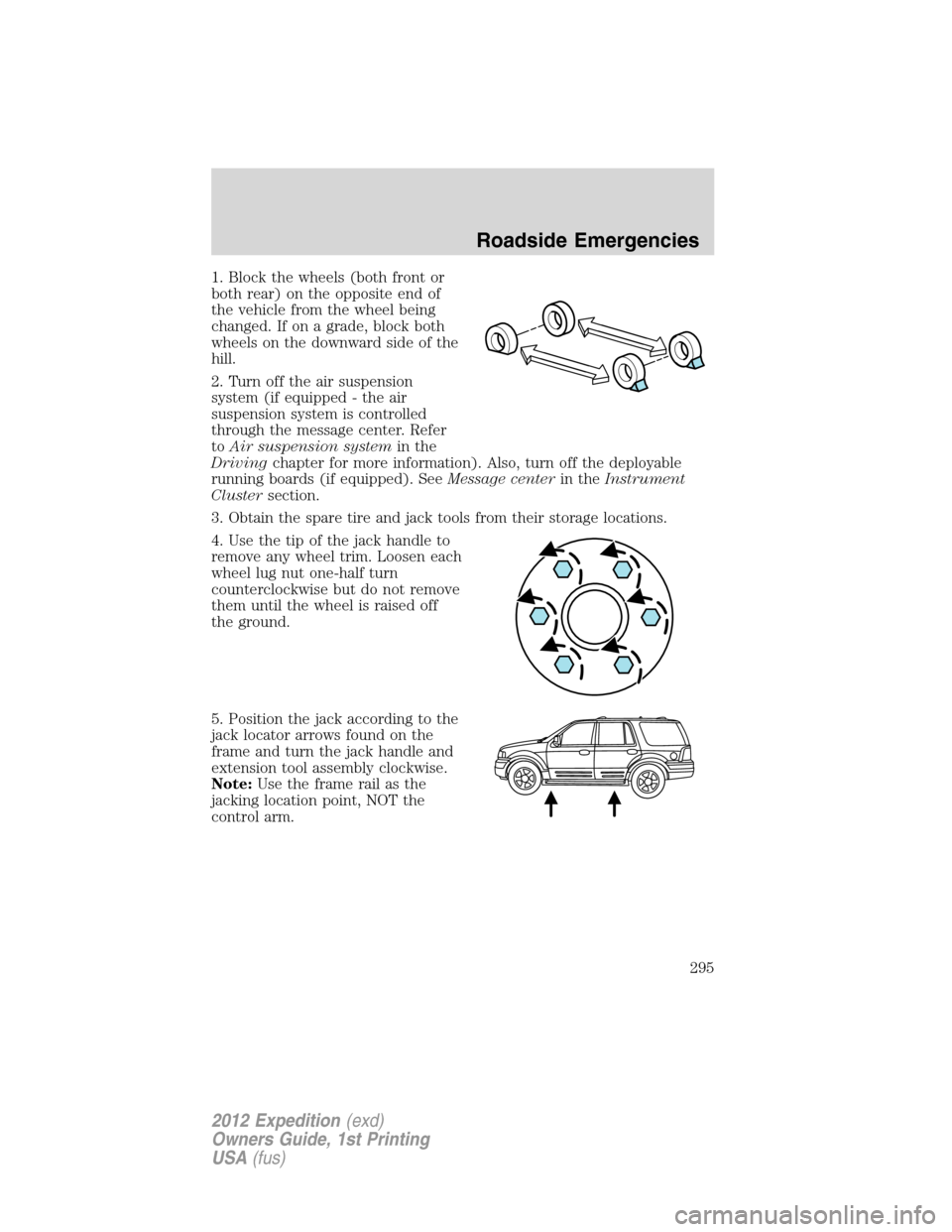FORD EXPEDITION 2012 3.G Owners Manual 1. Block the wheels (both front or
both rear) on the opposite end of
the vehicle from the wheel being
changed. If on a grade, block both
wheels on the downward side of the
hill.
2. Turn off the air su