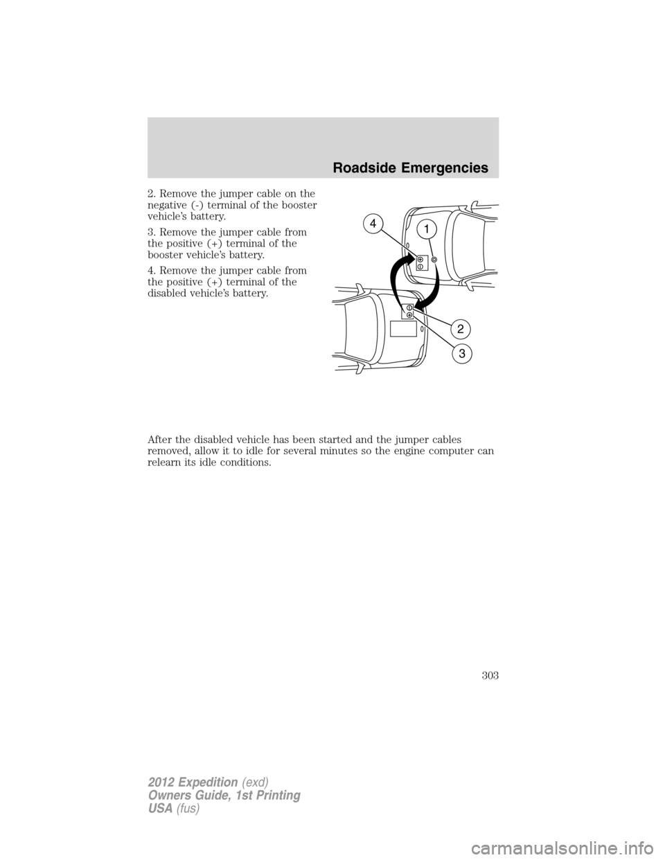 FORD EXPEDITION 2012 3.G Owners Manual 2. Remove the jumper cable on the
negative (-) terminal of the booster
vehicle’s battery.
3. Remove the jumper cable from
the positive (+) terminal of the
booster vehicle’s battery.
4. Remove the 