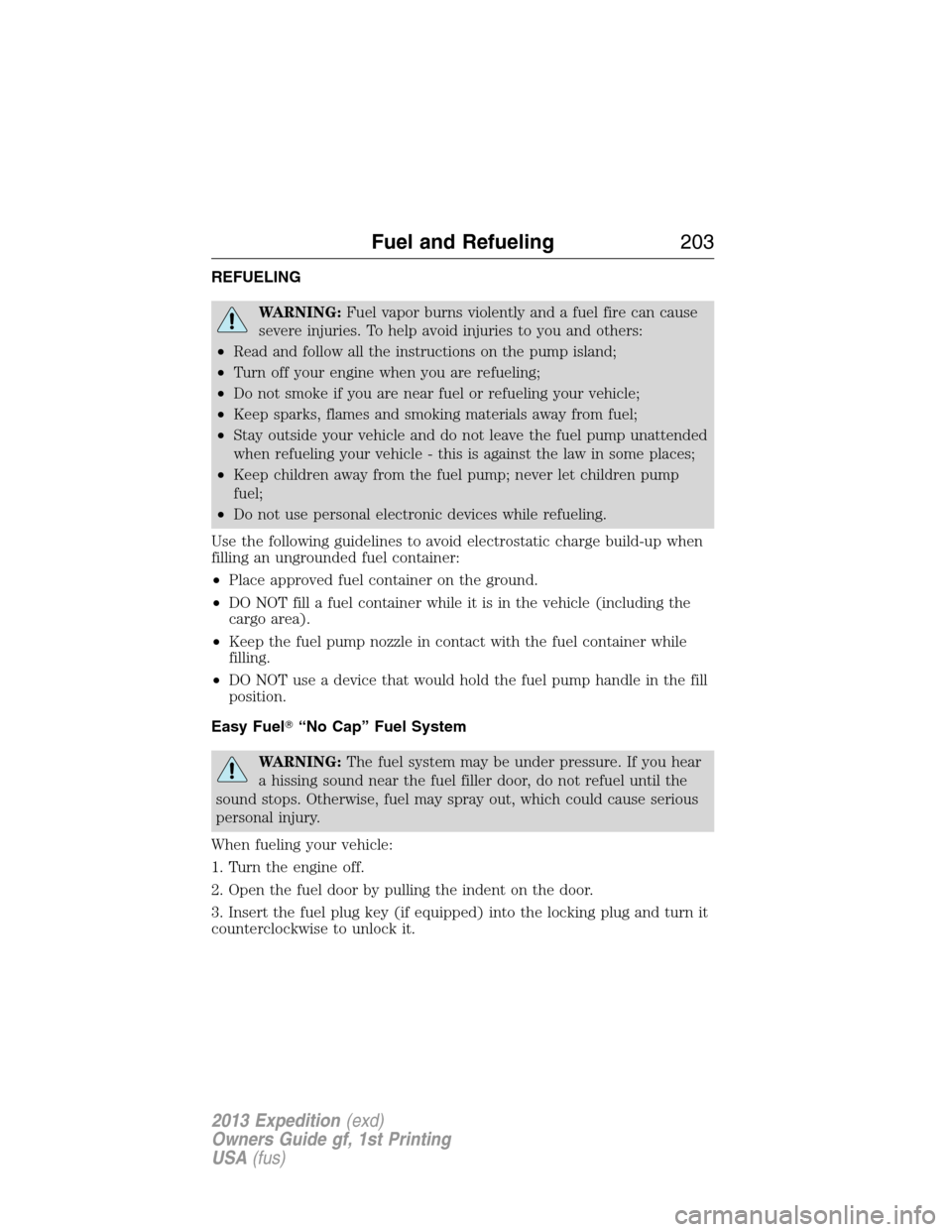 FORD EXPEDITION 2013 3.G Owners Manual REFUELING
WARNING:Fuel vapor burns violently and a fuel fire can cause
severe injuries. To help avoid injuries to you and others:
•Read and follow all the instructions on the pump island;
•Turn of