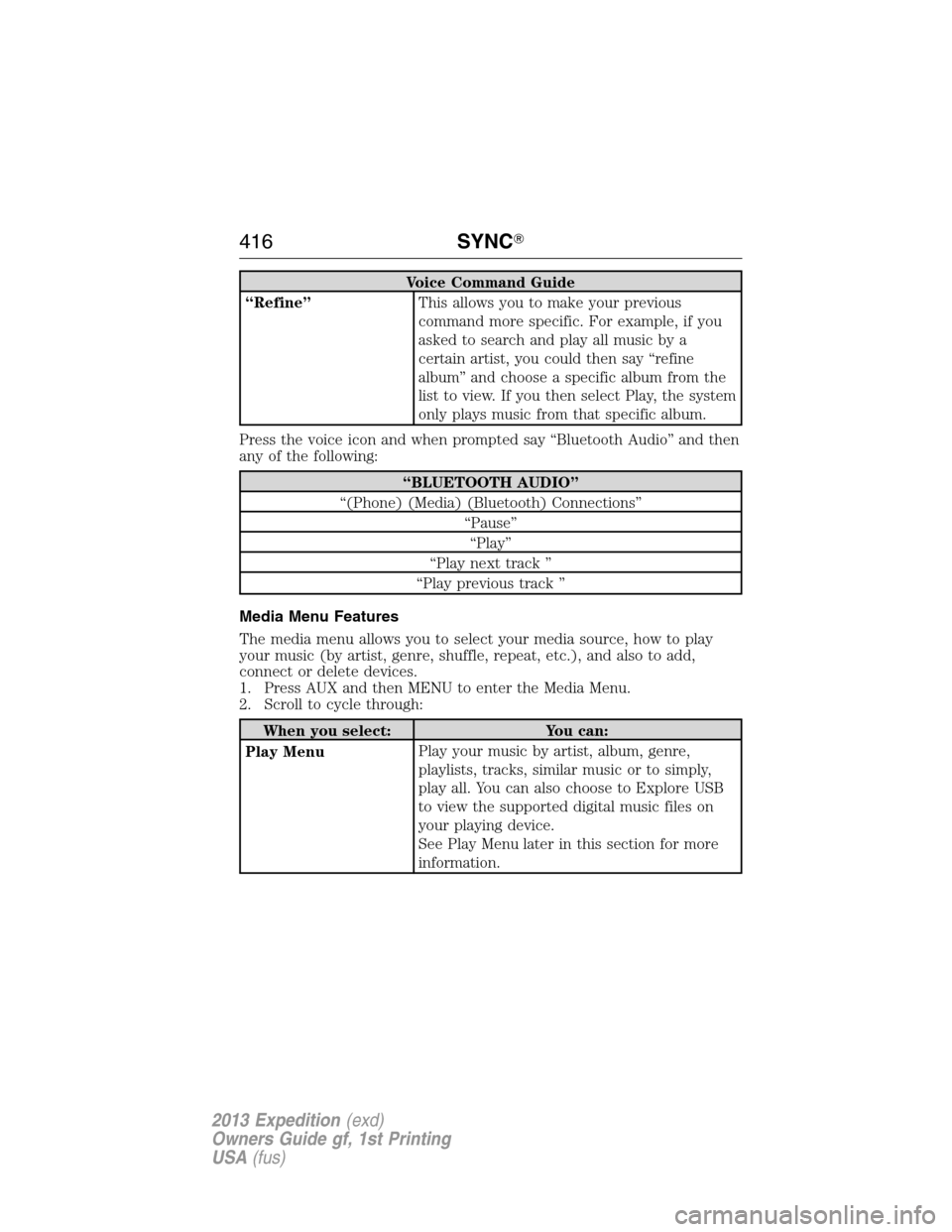 FORD EXPEDITION 2013 3.G Owners Manual Voice Command Guide
“Refine”This allows you to make your previous
command more specific. For example, if you
asked to search and play all music by a
certain artist, you could then say “refine
al