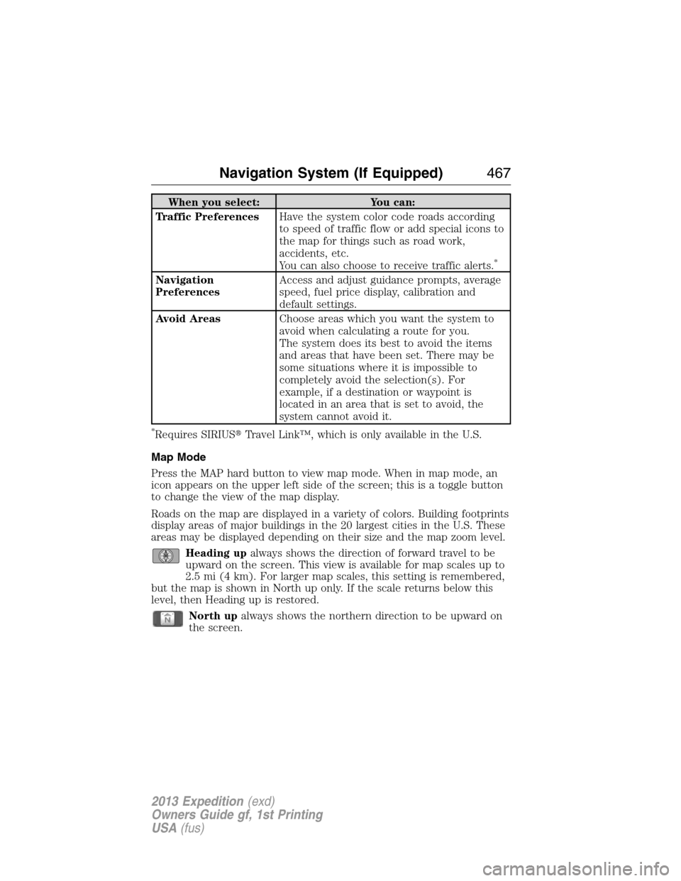 FORD EXPEDITION 2013 3.G Owners Manual When you select: You can:
Traffic PreferencesHave the system color code roads according
to speed of traffic flow or add special icons to
the map for things such as road work,
accidents, etc.
You can a