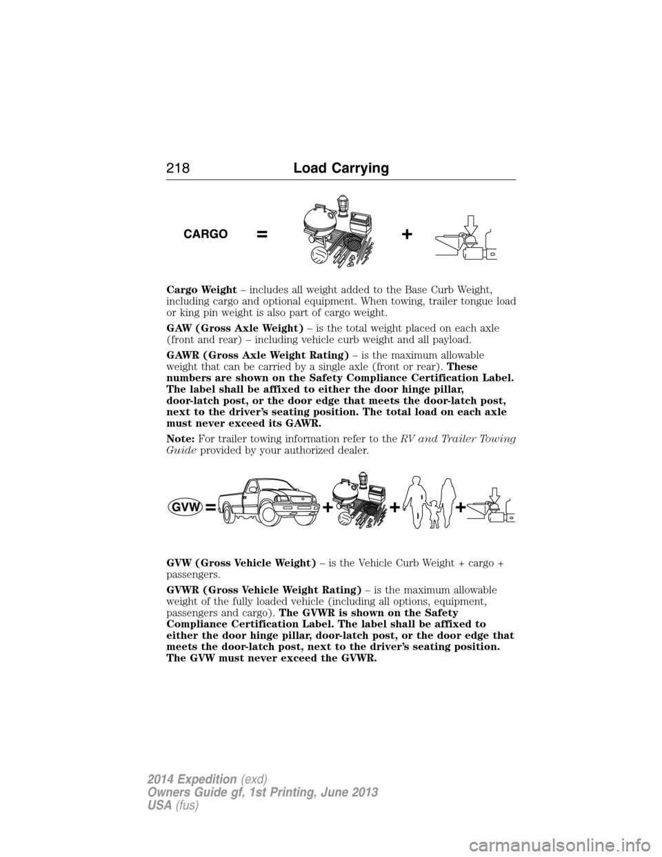 FORD EXPEDITION 2014 3.G Owners Manual Cargo Weight– includes all weight added to the Base Curb Weight,
including cargo and optional equipment. When towing, trailer tongue load
or king pin weight is also part of cargo weight.
GAW (Gross 