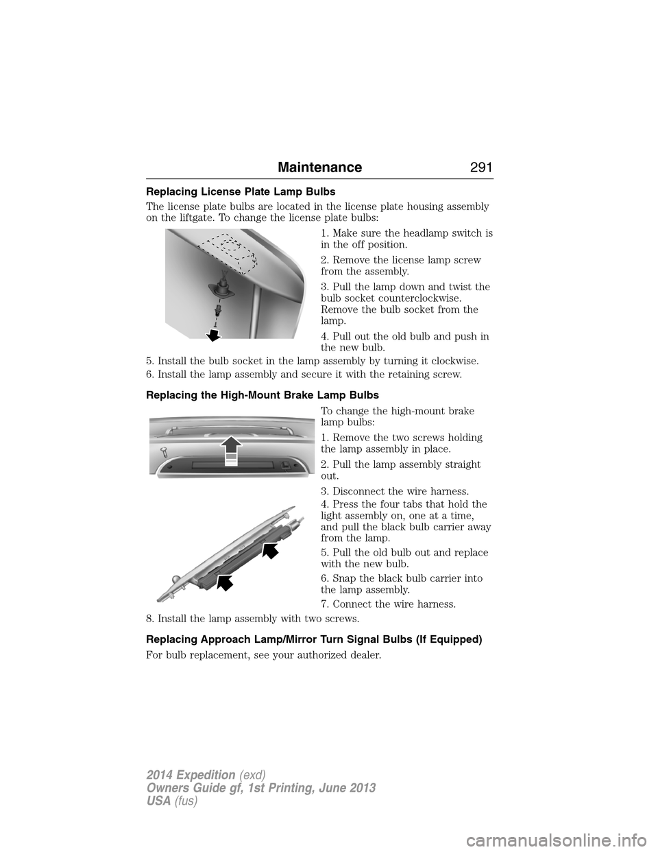 FORD EXPEDITION 2014 3.G Owners Manual Replacing License Plate Lamp Bulbs
The license plate bulbs are located in the license plate housing assembly
on the liftgate. To change the license plate bulbs:
1. Make sure the headlamp switch is
in 