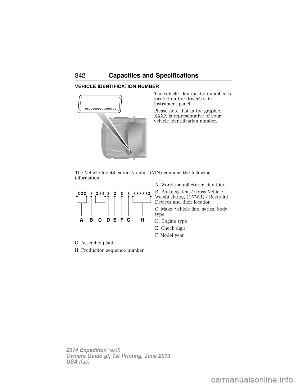 FORD EXPEDITION 2014 3.G Owners Manual VEHICLE IDENTIFICATION NUMBER
The vehicle identification number is
located on the driver’s side
instrument panel.
Please note that in the graphic,
XXXX is representative of your
vehicle identificati