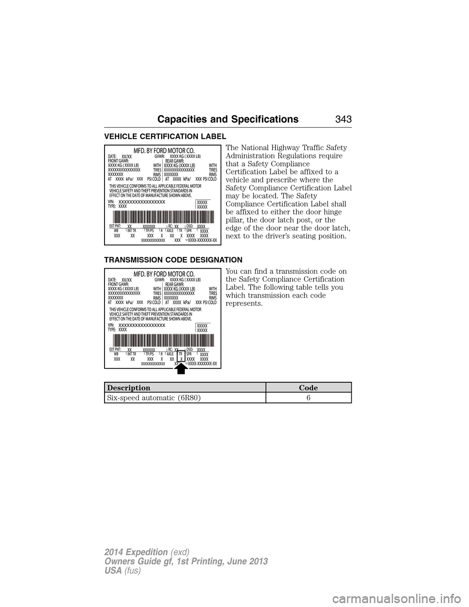 FORD EXPEDITION 2014 3.G Owners Manual VEHICLE CERTIFICATION LABEL
The National Highway Traffic Safety
Administration Regulations require
that a Safety Compliance
Certification Label be affixed to a
vehicle and prescribe where the
Safety C