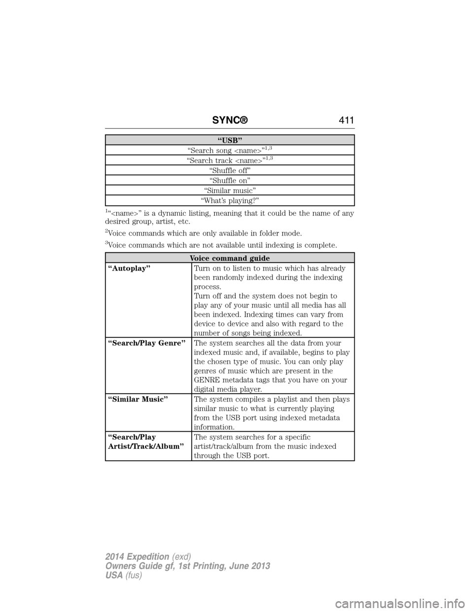 FORD EXPEDITION 2014 3.G Owners Manual “USB”
“Search song <name>”1,3
“Search track <name>”1,3
“Shuffle off”
“Shuffle on”
“Similar music”
“What’s playing?”
1“<name>” is a dynamic listing, meaning that it co