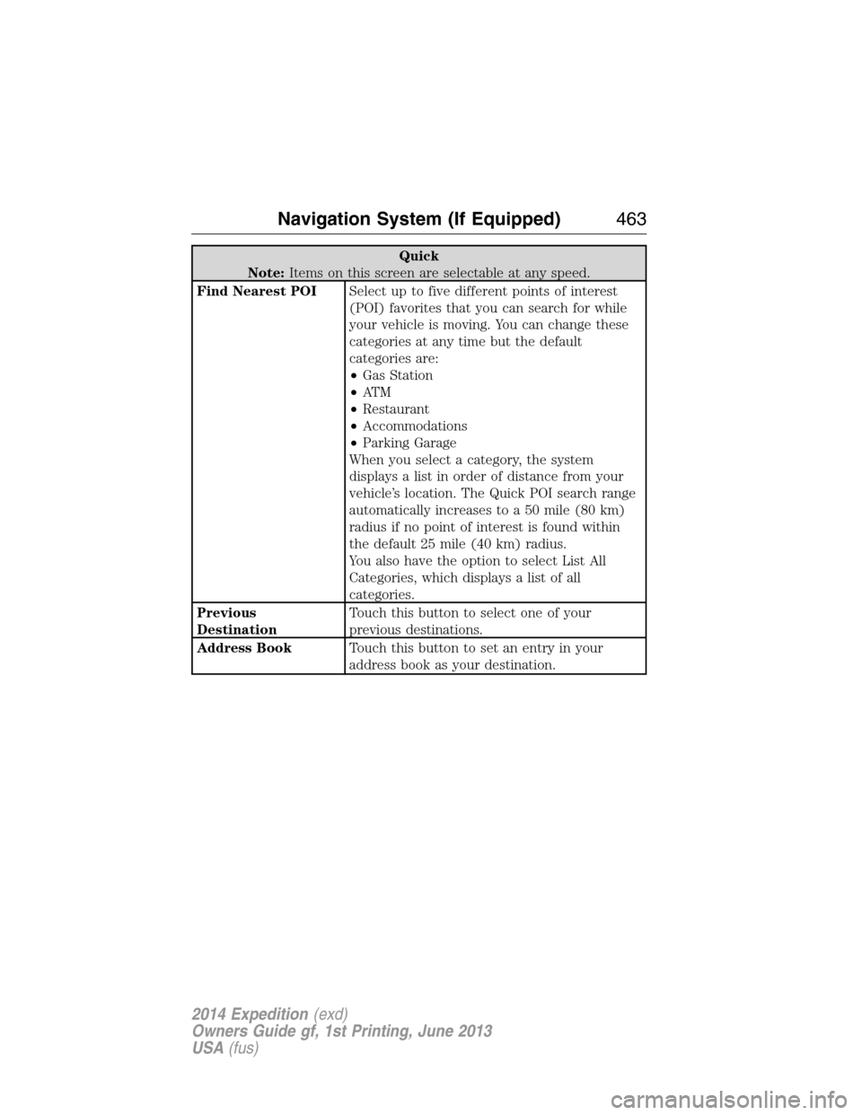 FORD EXPEDITION 2014 3.G Owners Manual Quick
Note:Items on this screen are selectable at any speed.
Find Nearest POISelect up to five different points of interest
(POI) favorites that you can search for while
your vehicle is moving. You ca