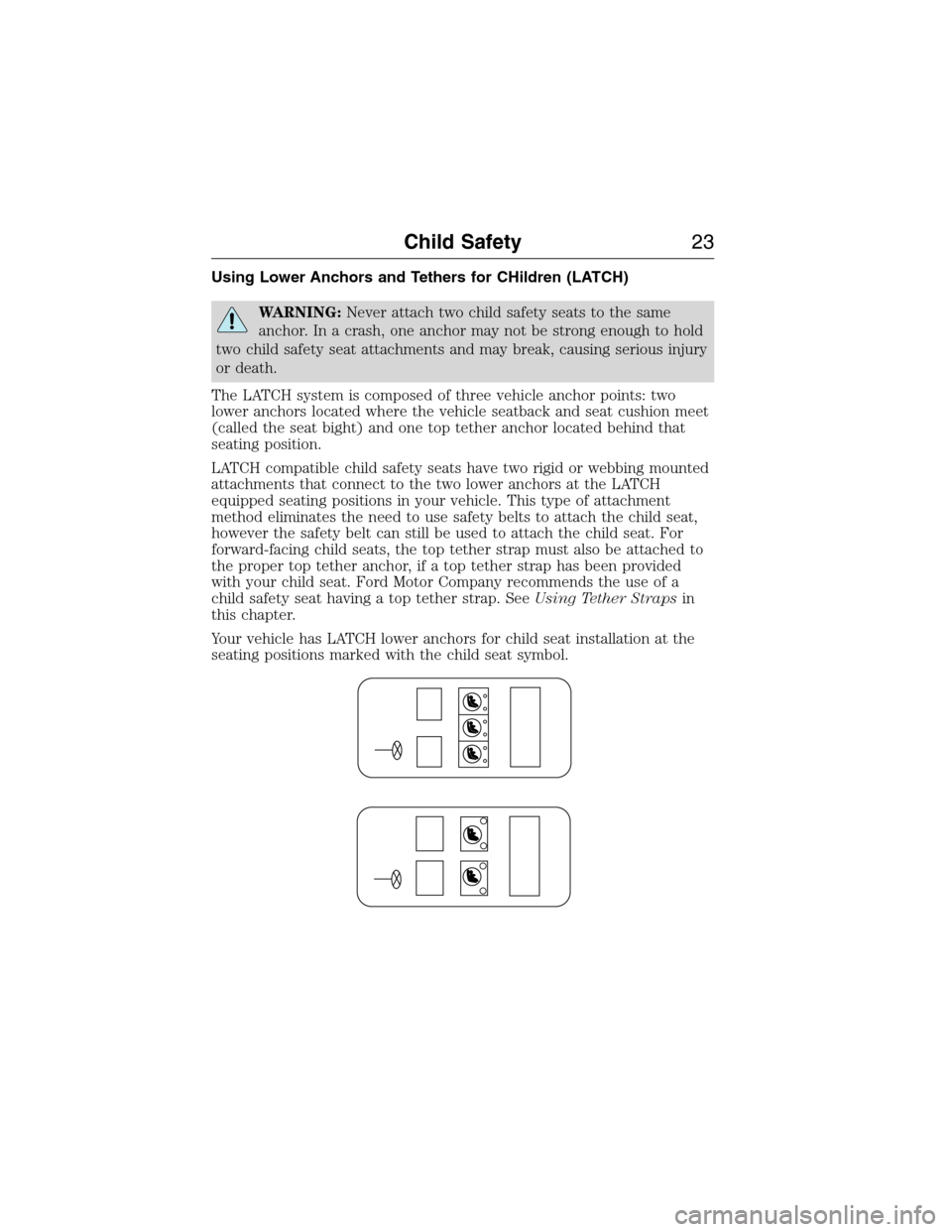FORD EXPEDITION 2015 3.G Owners Manual Using Lower Anchors and Tethers for CHildren (LATCH)
WARNING:Never attach two child safety seats to the same
anchor. In a crash, one anchor may not be strong enough to hold
two child safety seat attac
