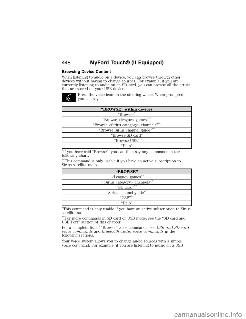 FORD EXPEDITION 2015 3.G Owners Manual Browsing Device Content
When listening to audio on a device, you can browse through other
devices without having to change sources. For example, if you are
currently listening to audio on an SD card, 