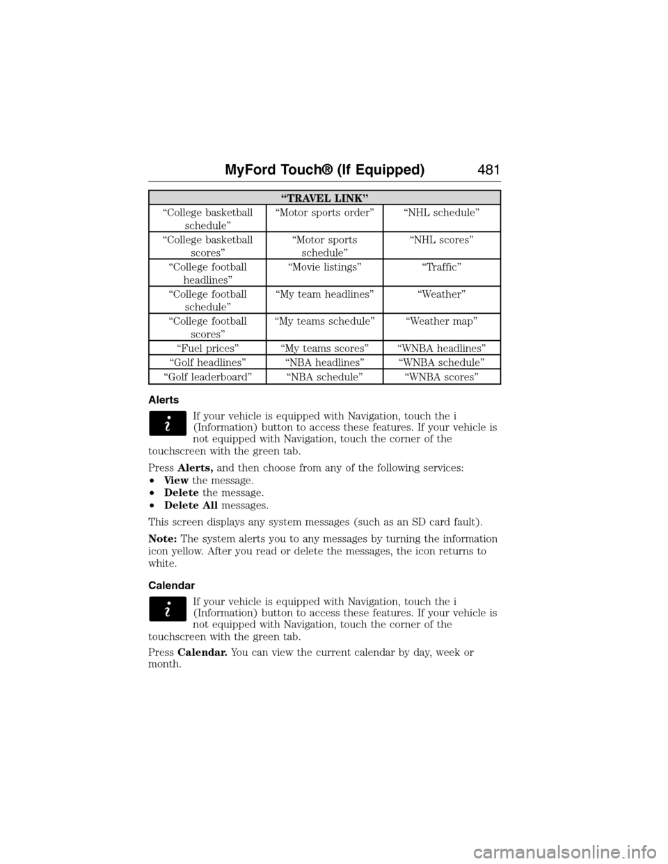 FORD EXPEDITION 2015 3.G Owners Manual “TRAVEL LINK”
“College basketball
schedule”“Motor sports order” “NHL schedule”
“College basketball
scores”“Motor sports
schedule”“NHL scores”
“College football
headlines