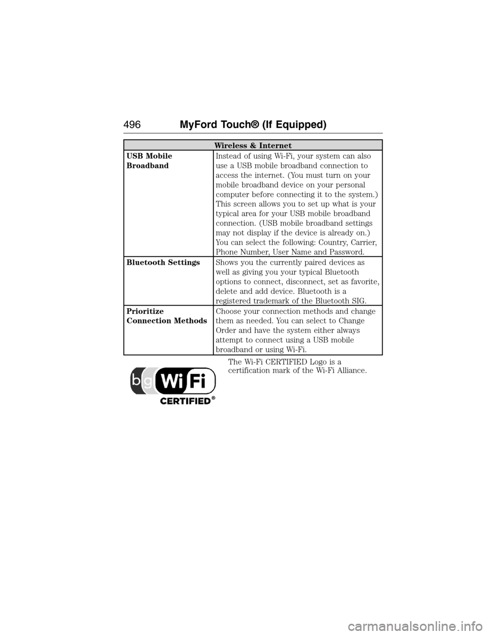 FORD EXPEDITION 2015 3.G Owners Manual Wireless & Internet
USB Mobile
BroadbandInstead of using Wi-Fi, your system can also
use a USB mobile broadband connection to
access the internet. (You must turn on your
mobile broadband device on you