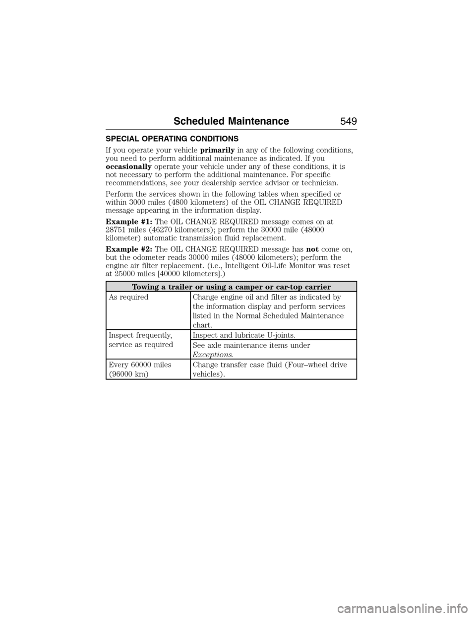 FORD EXPEDITION 2015 3.G Owners Manual SPECIAL OPERATING CONDITIONS
If you operate your vehicleprimarilyin any of the following conditions,
you need to perform additional maintenance as indicated. If you
occasionallyoperate your vehicle un