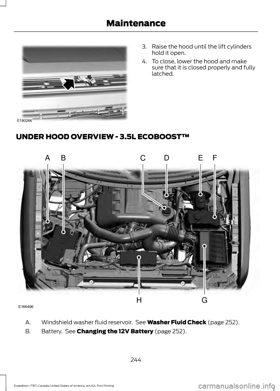 FORD EXPEDITION 2016 3.G Owners Manual 3. Raise the hood until the lift cylinders
hold it open.
4. To close, lower the hood and make sure that it is closed properly and fully
latched.
UNDER HOOD OVERVIEW - 3.5L ECOBOOST™ Windshield washe