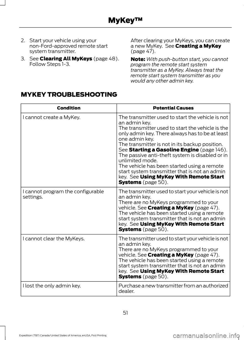 FORD EXPEDITION 2016 3.G Owners Manual 2. Start your vehicle using your
non-Ford-approved remote start
system transmitter.
3. See Clearing All MyKeys (page 48).
Follow Steps 1-3. After clearing your MyKeys, you can create
a new MyKey.  See