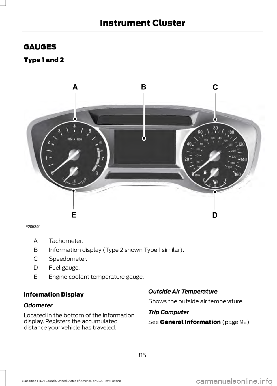 FORD EXPEDITION 2016 3.G Owners Manual GAUGES
Type 1 and 2
Tachometer.
A
Information display (Type 2 shown Type 1 similar).
B
Speedometer.
C
Fuel gauge.
D
Engine coolant temperature gauge.
E
Information Display
Odometer
Located in the bott