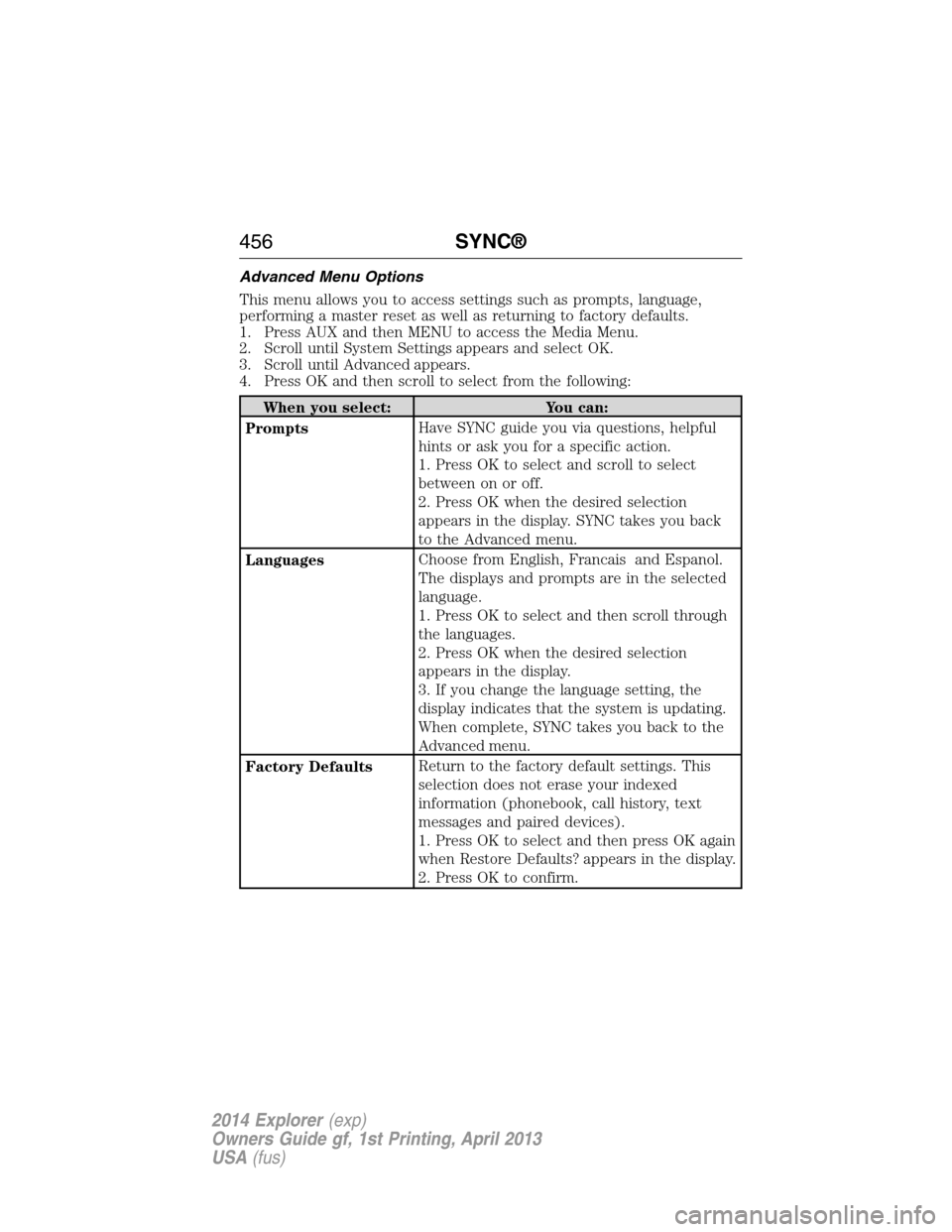 FORD EXPLORER 2014 5.G Owners Manual Advanced Menu Options
This menu allows you to access settings such as prompts, language,
performing a master reset as well as returning to factory defaults.
1. Press AUX and then MENU to access the Me
