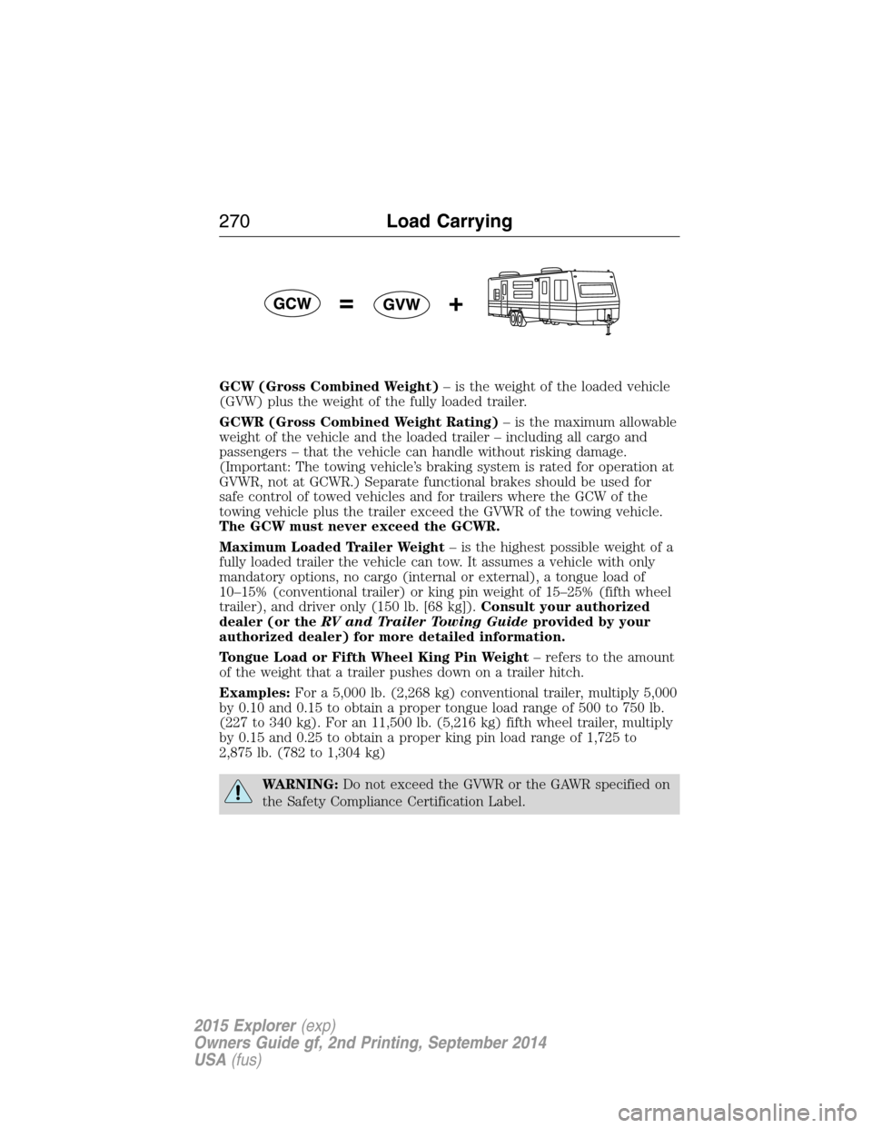 FORD EXPLORER 2015 5.G Owners Manual GCW (Gross Combined Weight)– is the weight of the loaded vehicle
(GVW) plus the weight of the fully loaded trailer.
GCWR (Gross Combined Weight Rating)– is the maximum allowable
weight of the vehi FORD EXPLORER 2015 5.G Owners Manual GCW (Gross Combined Weight)– is the weight of the loaded vehicle
(GVW) plus the weight of the fully loaded trailer.
GCWR (Gross Combined Weight Rating)– is the maximum allowable
weight of the vehi