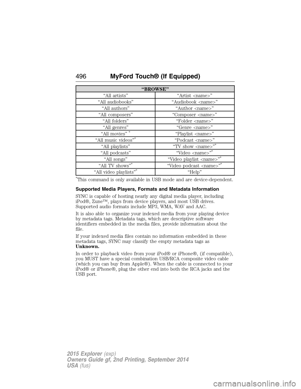 FORD EXPLORER 2015 5.G Owners Manual “BROWSE”
“All artists” “Artist <name>”
“All audiobooks” “Audiobook <name>”
“All authors” “Author <name>”
“All composers” “Composer <name>”
“All folders” “Fold
