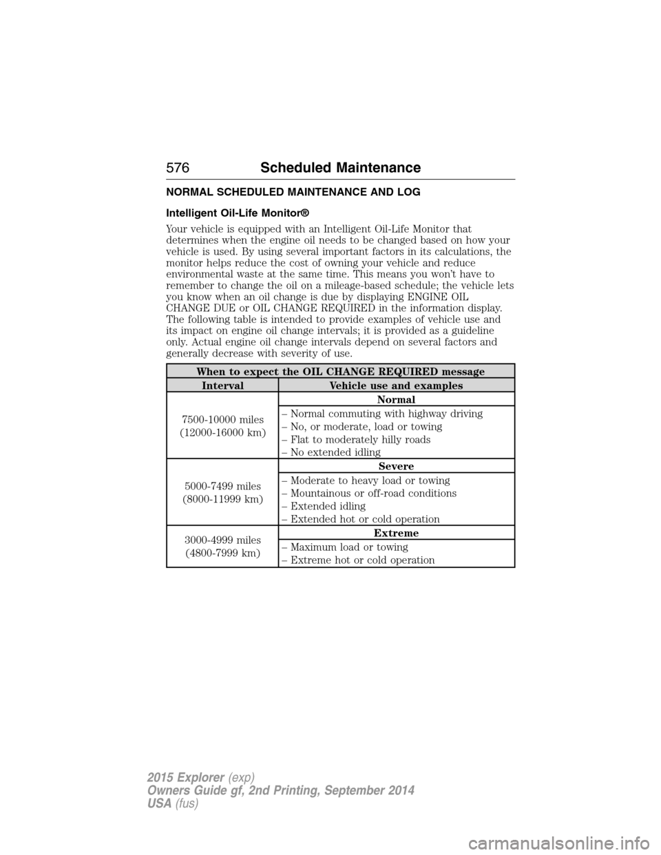 FORD EXPLORER 2015 5.G Owners Manual NORMAL SCHEDULED MAINTENANCE AND LOG
Intelligent Oil-Life Monitor®
Your vehicle is equipped with an Intelligent Oil-Life Monitor that
determines when the engine oil needs to be changed based on how y