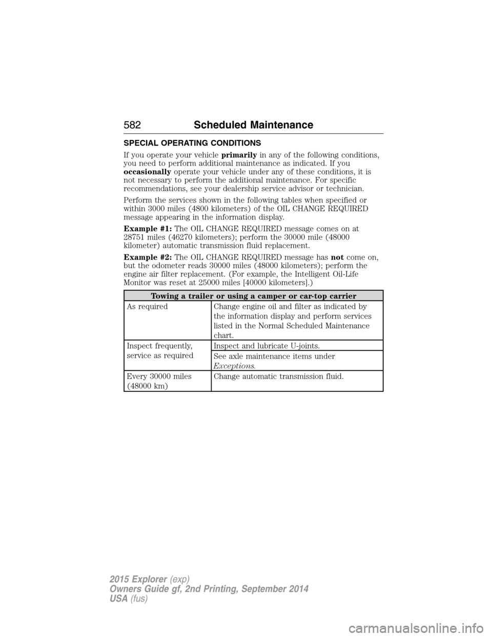 FORD EXPLORER 2015 5.G Owners Manual SPECIAL OPERATING CONDITIONS
If you operate your vehicleprimarilyin any of the following conditions,
you need to perform additional maintenance as indicated. If you
occasionallyoperate your vehicle un