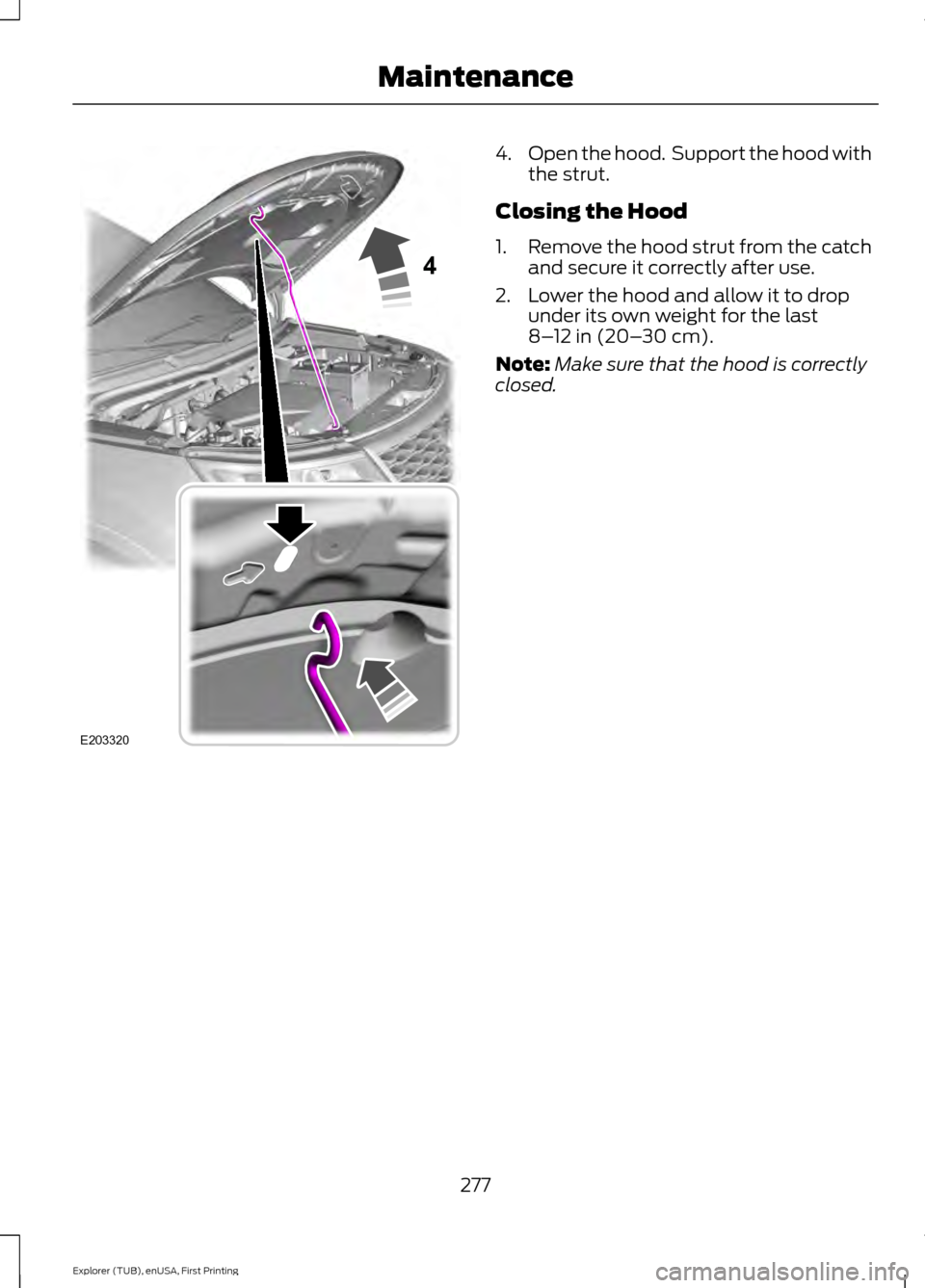 FORD EXPLORER 2016 5.G Owners Manual 4.
Open the hood.  Support the hood with
the strut.
Closing the Hood
1. Remove the hood strut from the catch
and secure it correctly after use.
2. Lower the hood and allow it to drop under its own wei