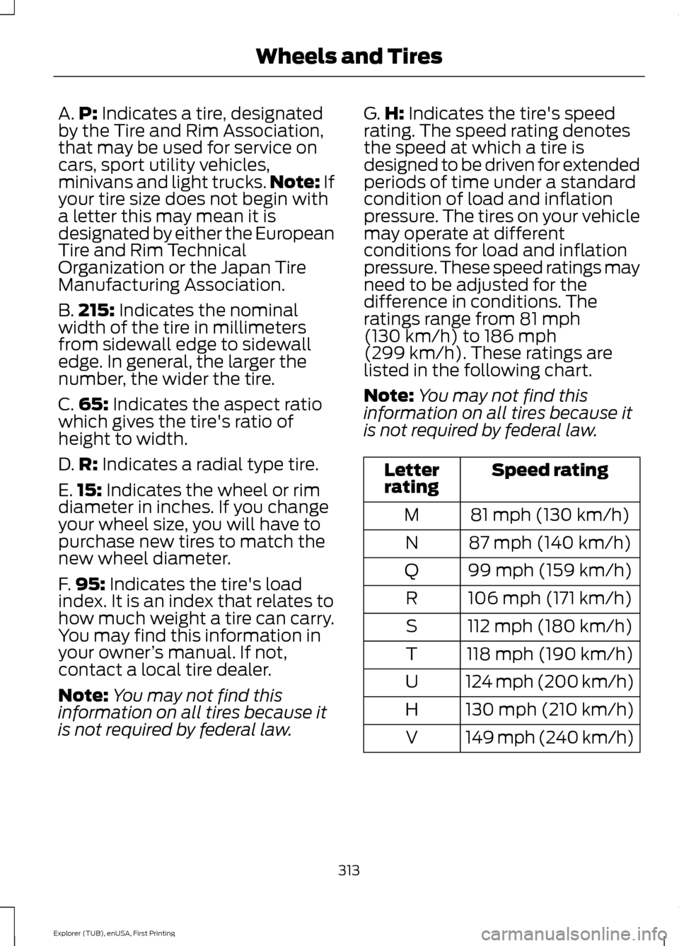 FORD EXPLORER 2016 5.G Owners Manual A.
P: Indicates a tire, designated
by the Tire and Rim Association,
that may be used for service on
cars, sport utility vehicles,
minivans and light trucks. Note:
 If
your tire size does not begin wit