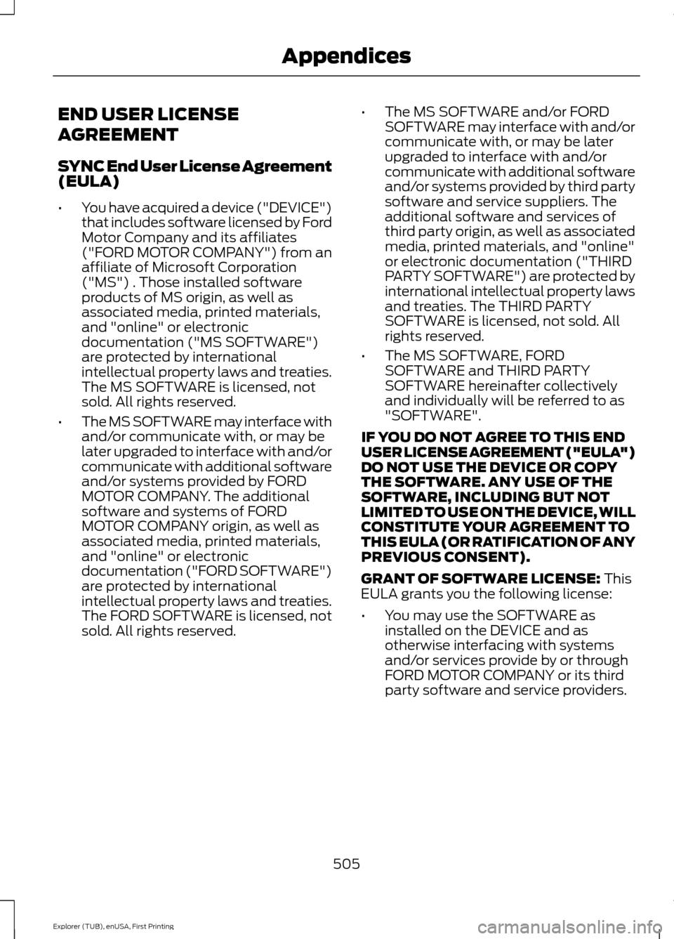 FORD EXPLORER 2016 5.G Owners Manual END USER LICENSE
AGREEMENT
SYNC End User License Agreement
(EULA)
•
You have acquired a device ("DEVICE")
that includes software licensed by Ford
Motor Company and its affiliates
("FORD MOTOR COMPAN
