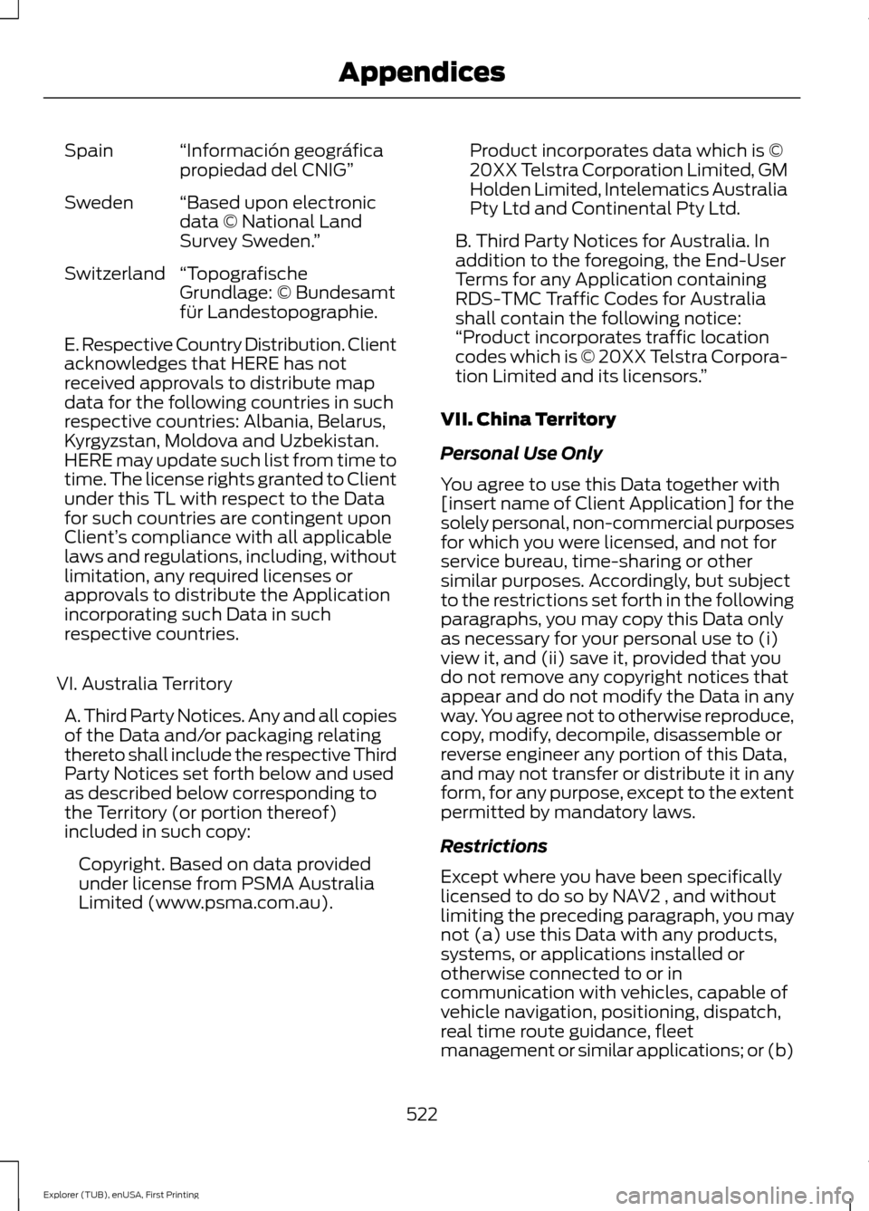 FORD EXPLORER 2016 5.G Owners Manual “Información geográfica
propiedad del CNIG”
Spain
“Based upon electronic
data © National Land
Survey Sweden. ”
Sweden
“Topografische
Grundlage: © Bundesamt
für Landestopographie.
Switze
