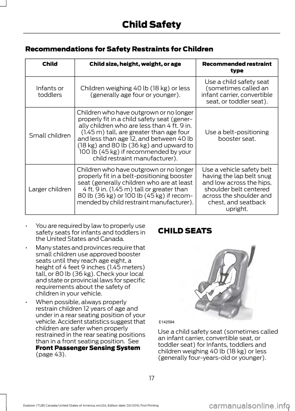 FORD EXPLORER 2017 5.G Owners Manual Recommendations for Safety Restraints for Children
Recommended restraint
type
Child size, height, weight, or age
Child
Use a child safety seat(sometimes called an
infant carrier, convertible seat, or FORD EXPLORER 2017 5.G Owners Manual Recommendations for Safety Restraints for Children
Recommended restraint
type
Child size, height, weight, or age
Child
Use a child safety seat(sometimes called an
infant carrier, convertible seat, or