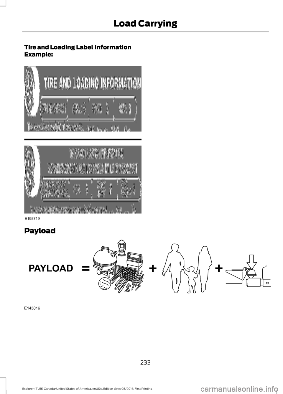 FORD EXPLORER 2017 5.G Owners Manual Tire and Loading Label Information
Example:
Payload
233
Explorer (TUB) Canada/United States of America, enUSA, Edition date: 03/2016, First Printing Load CarryingE198719 E143816PAYLOAD  