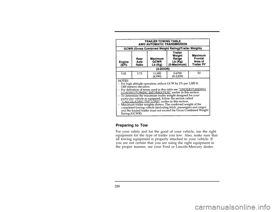 FORD EXPLORER 1996 2.G Owners Manual 288
[DR34300( X)12/95]
20 pica
chart:0090217-A*
[DR36500(ALL)01/95]
Preparing to Tow
*
[DR36550(ALL)01/95]
For your safety and for the good of your vehicle, use the right
equipment for the type of tra