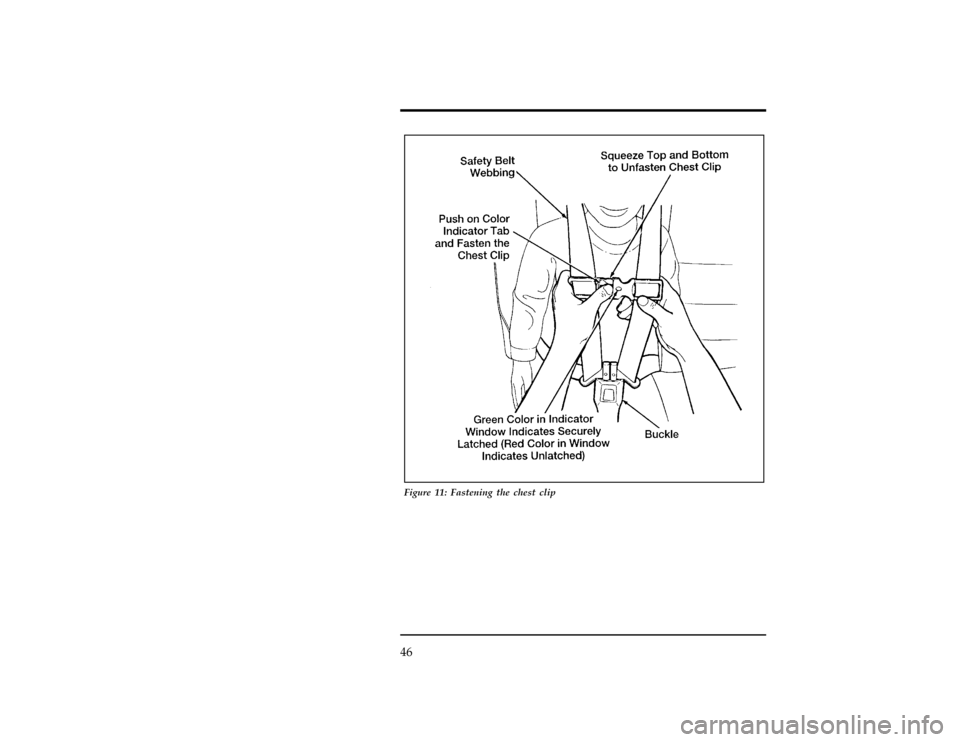 FORD EXPLORER 1996 2.G Owners Manual 46
[SR15210( X)05/95]
24 pica art:0090180-A
Figure 11: Fastening the chest clip
File:03unsrx.ex
Update:Thu Feb 29 09:02:31 1996 
