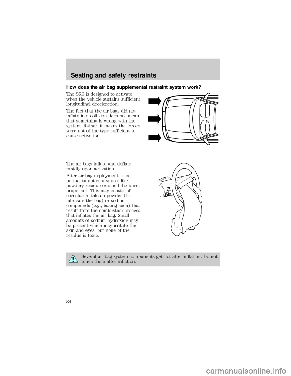 FORD EXPLORER 1998 2.G Owners Manual How does the air bag supplemental restraint system work?
The SRS is designed to activate
when the vehicle sustains sufficient
longitudinal deceleration.
The fact that the air bags did not
inflate in a