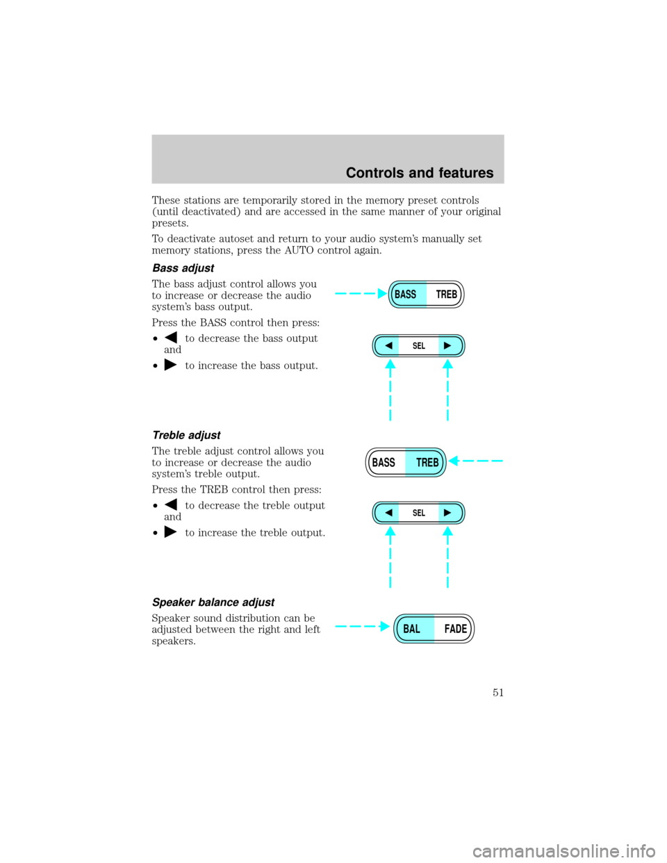 FORD EXPLORER 1999 2.G Owners Manual These stations are temporarily stored in the memory preset controls
(until deactivated) and are accessed in the same manner of your original
presets.
To deactivate autoset and return to your audio sys