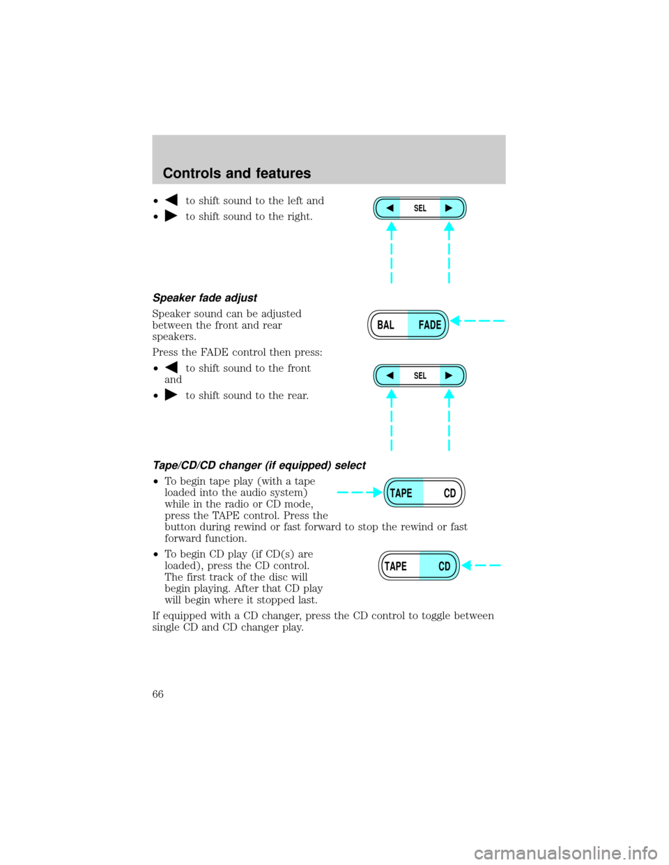 FORD EXPLORER 1999 2.G Owners Manual ²to shift sound to the left and
²
to shift sound to the right.
Speaker fade adjust
Speaker sound can be adjusted
between the front and rear
speakers.
Press the FADE control then press:
²
to shift s