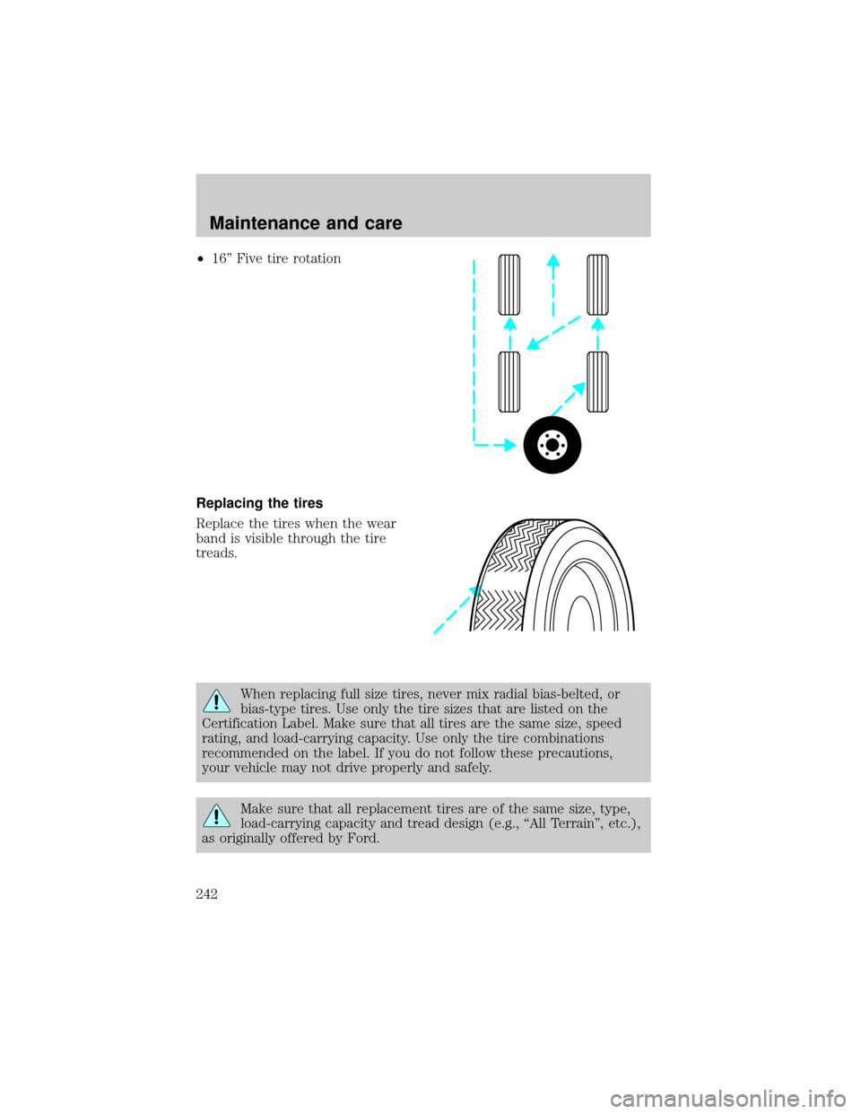 FORD EXPLORER 2000 2.G Owners Manual ²16 Five tire rotation
Replacing the tires
Replace the tires when the wear
band is visible through the tire
treads.
When replacing full size tires, never mix radial bias-belted, or
bias-type tires.