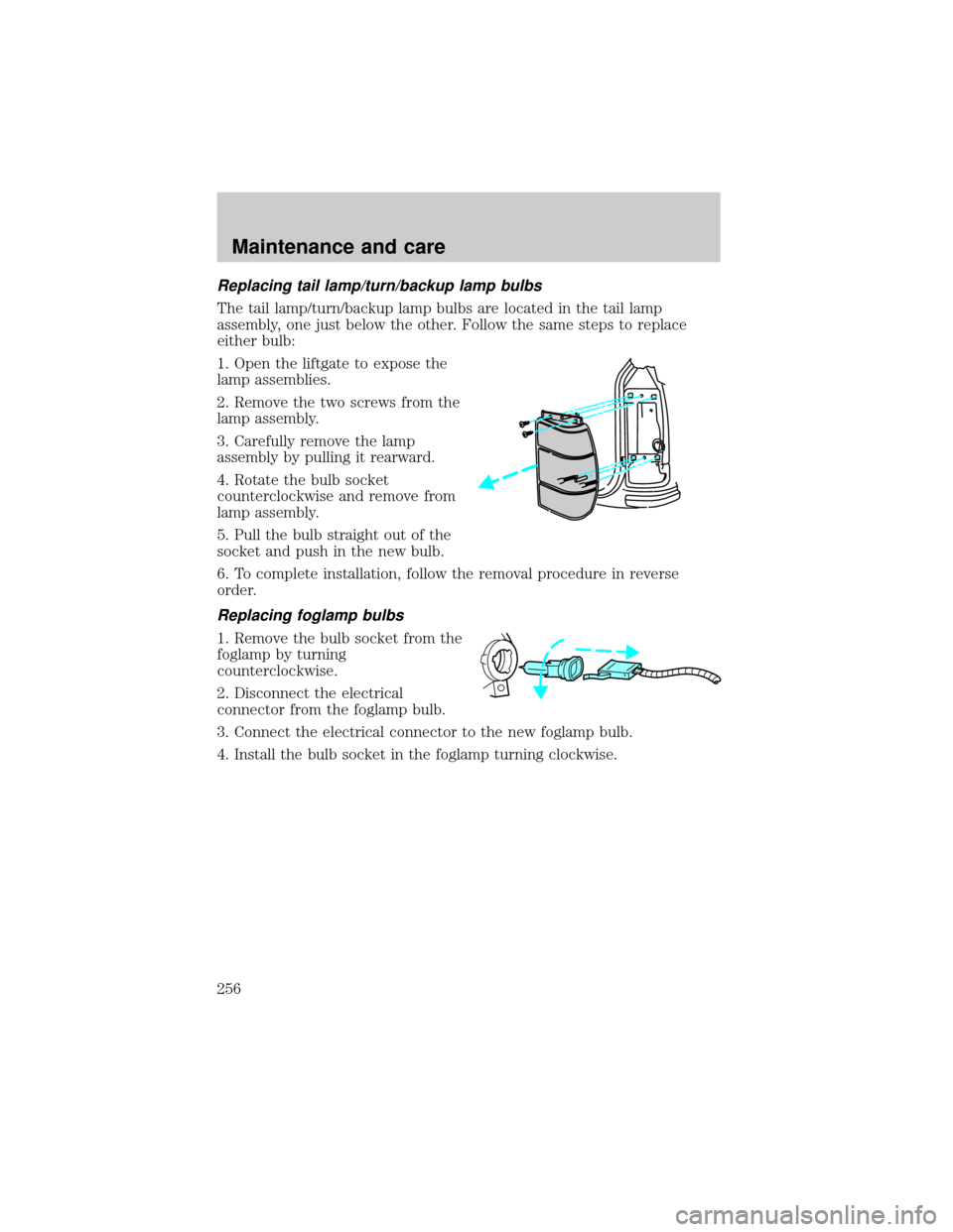 FORD EXPLORER 2000 2.G Owners Manual Replacing tail lamp/turn/backup lamp bulbs
The tail lamp/turn/backup lamp bulbs are located in the tail lamp
assembly, one just below the other. Follow the same steps to replace
either bulb:
1. Open t