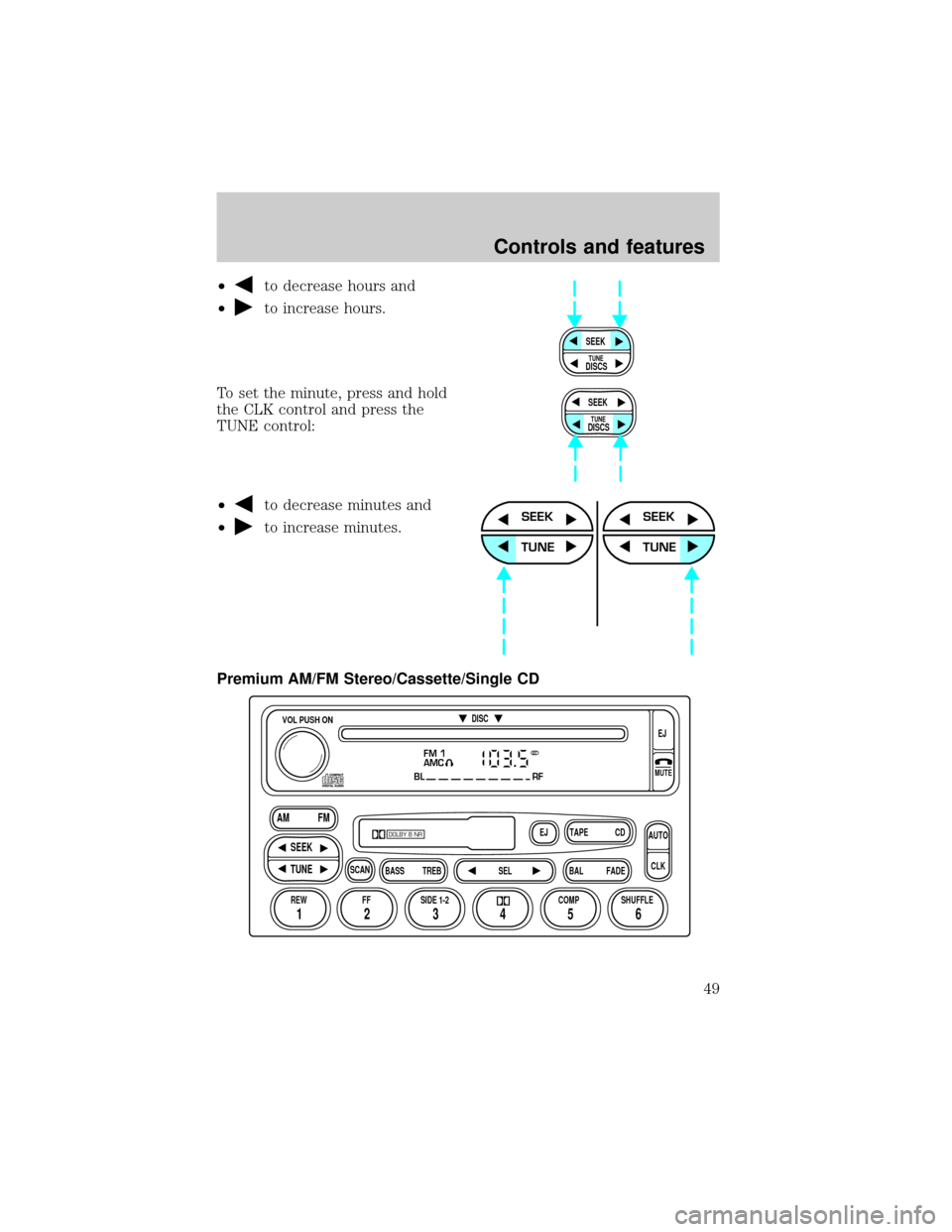 FORD EXPLORER 2001 2.G Owners Manual ²to decrease hours and
²
to increase hours.
To set the minute, press and hold
the CLK control and press the
TUNE control:
²
to decrease minutes and
²
to increase minutes.
Premium AM/FM Stereo/Cass