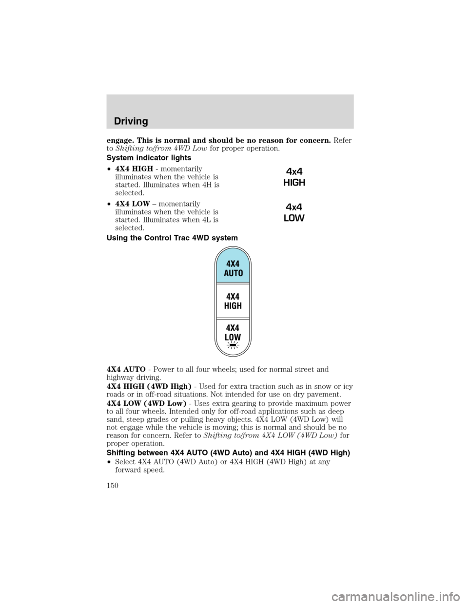 FORD EXPLORER 2003 3.G Owners Manual engage. This is normal and should be no reason for concern.Refer
toShifting to/from 4WD Lowfor proper operation.
System indicator lights
•4X4 HIGH- momentarily
illuminates when the vehicle is
starte FORD EXPLORER 2003 3.G Owners Manual engage. This is normal and should be no reason for concern.Refer
toShifting to/from 4WD Lowfor proper operation.
System indicator lights
•4X4 HIGH- momentarily
illuminates when the vehicle is
starte
