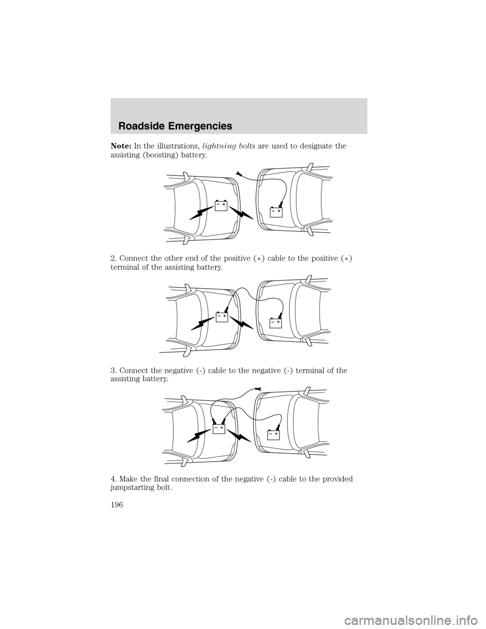 FORD EXPLORER 2003 3.G Owners Manual Note:In the illustrations,lightning boltsare used to designate the
assisting (boosting) battery.
2. Connect the other end of the positive (+) cable to the positive (+)
terminal of the assisting batter