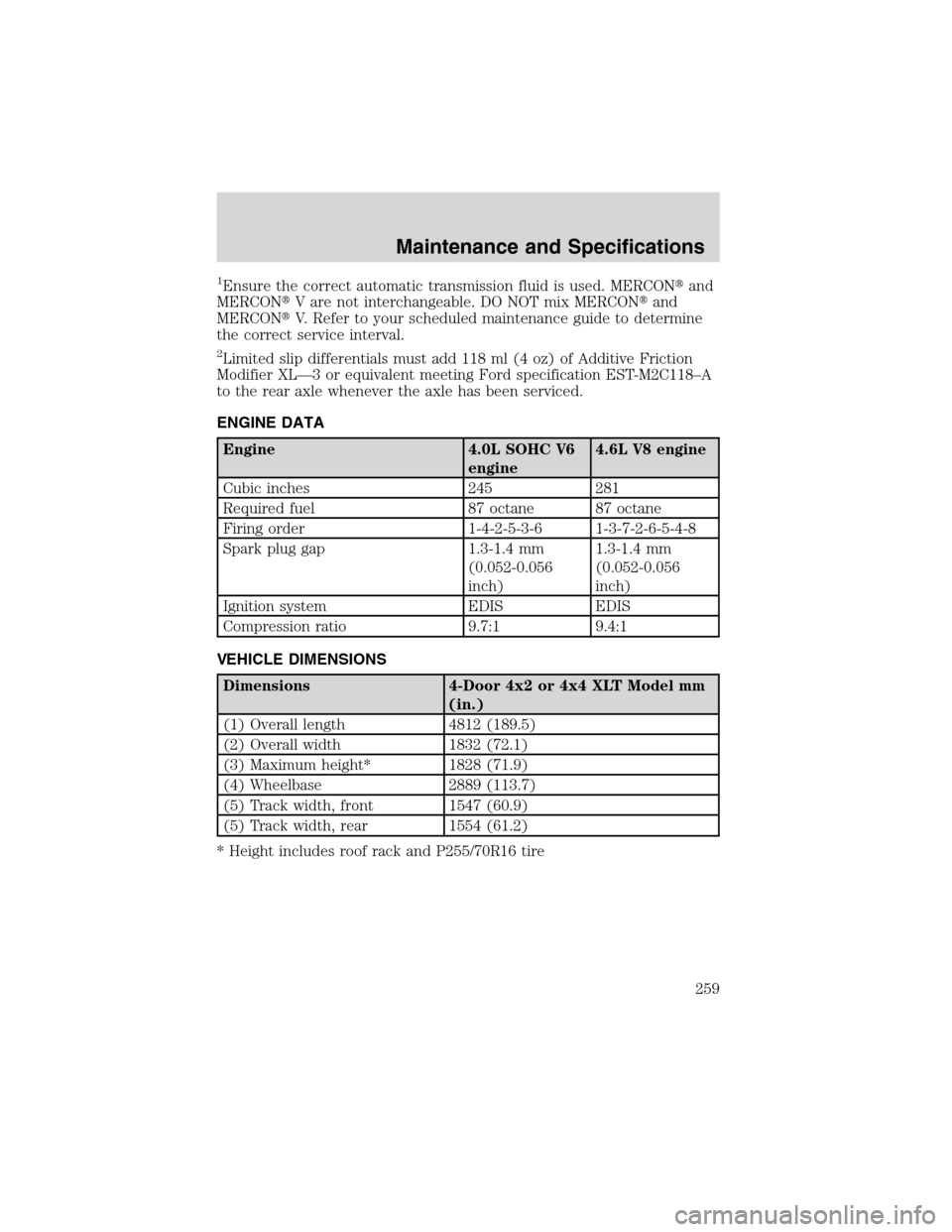 FORD EXPLORER 2003 3.G Owners Manual 1Ensure the correct automatic transmission fluid is used. MERCONand
MERCONV are not interchangeable. DO NOT mix MERCONand
MERCONV. Refer to your scheduled maintenance guide to determine
the correc FORD EXPLORER 2003 3.G Owners Manual 1Ensure the correct automatic transmission fluid is used. MERCONand
MERCONV are not interchangeable. DO NOT mix MERCONand
MERCONV. Refer to your scheduled maintenance guide to determine
the correc