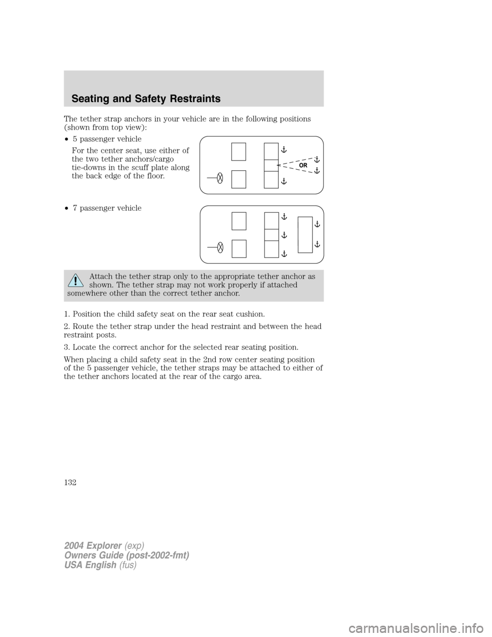 FORD EXPLORER 2004 3.G Owners Manual The tether strap anchors in your vehicle are in the following positions
(shown from top view):
•5 passenger vehicle
For the center seat, use either of
the two tether anchors/cargo
tie-downs in the s