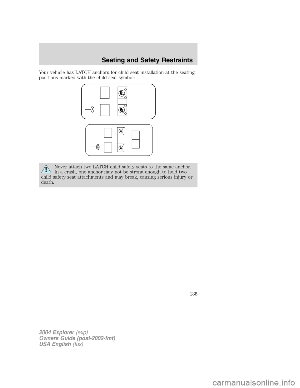 FORD EXPLORER 2004 3.G Owners Manual Your vehicle has LATCH anchors for child seat installation at the seating
positions marked with the child seat symbol:
Never attach two LATCH child safety seats to the same anchor.
In a crash, one anc