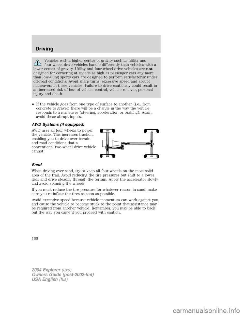 FORD EXPLORER 2004 3.G Owners Manual Vehicles with a higher center of gravity such as utility and
four-wheel drive vehicles handle differently than vehicles with a
lower center of gravity. Utility and four-wheel drive vehicles arenot
des FORD EXPLORER 2004 3.G Owners Manual Vehicles with a higher center of gravity such as utility and
four-wheel drive vehicles handle differently than vehicles with a
lower center of gravity. Utility and four-wheel drive vehicles arenot
des