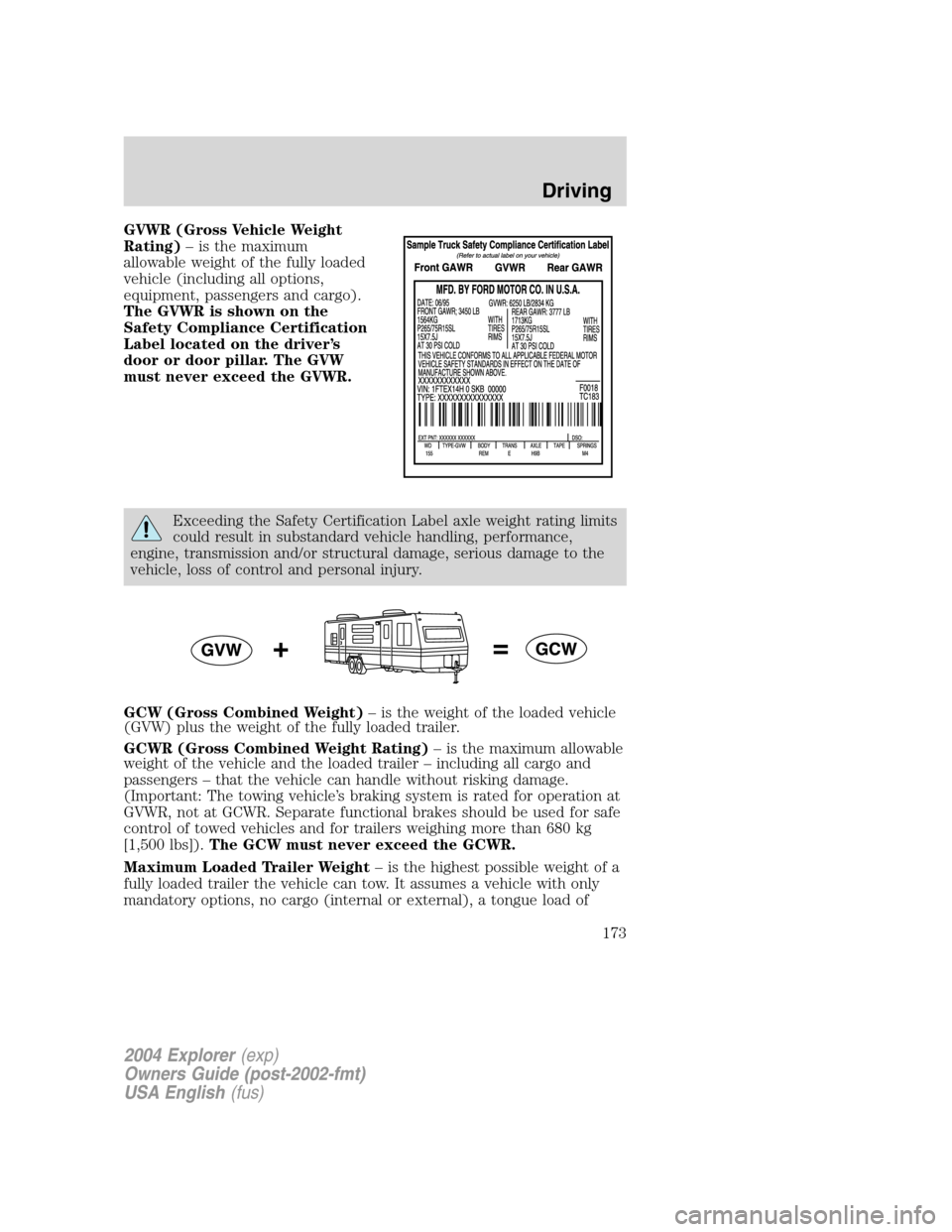 FORD EXPLORER 2004 3.G Owners Manual GVWR (Gross Vehicle Weight
Rating)– is the maximum
allowable weight of the fully loaded
vehicle (including all options,
equipment, passengers and cargo).
The GVWR is shown on the
Safety Compliance C FORD EXPLORER 2004 3.G Owners Manual GVWR (Gross Vehicle Weight
Rating)– is the maximum
allowable weight of the fully loaded
vehicle (including all options,
equipment, passengers and cargo).
The GVWR is shown on the
Safety Compliance C