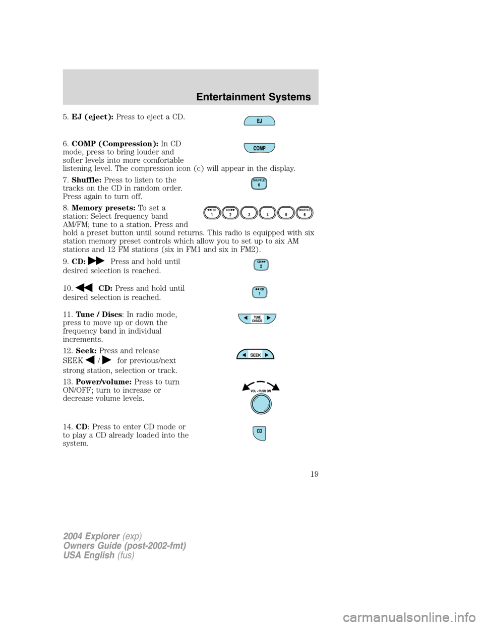 FORD EXPLORER 2004 3.G Owners Manual 5.EJ (eject):Press to eject a CD.
6.COMP (Compression):In CD
mode, press to bring louder and
softer levels into more comfortable
listening level. The compression icon (c) will appear in the display.
7 FORD EXPLORER 2004 3.G Owners Manual 5.EJ (eject):Press to eject a CD.
6.COMP (Compression):In CD
mode, press to bring louder and
softer levels into more comfortable
listening level. The compression icon (c) will appear in the display.
7