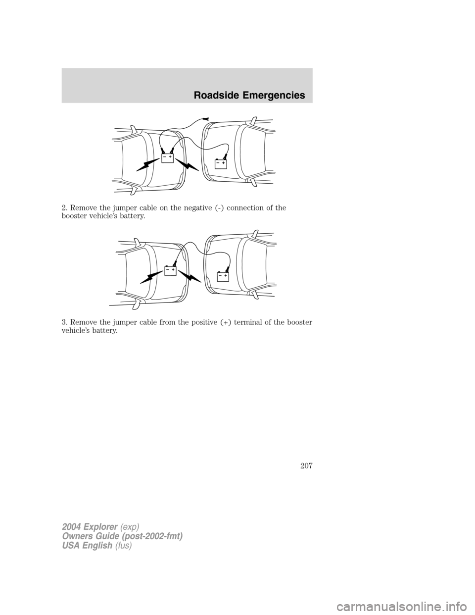 FORD EXPLORER 2004 3.G Owners Manual 2. Remove the jumper cable on the negative (-) connection of the
booster vehicle’s battery.
3. Remove the jumper cable from the positive (+) terminal of the booster
vehicle’s battery.
+–+–
+